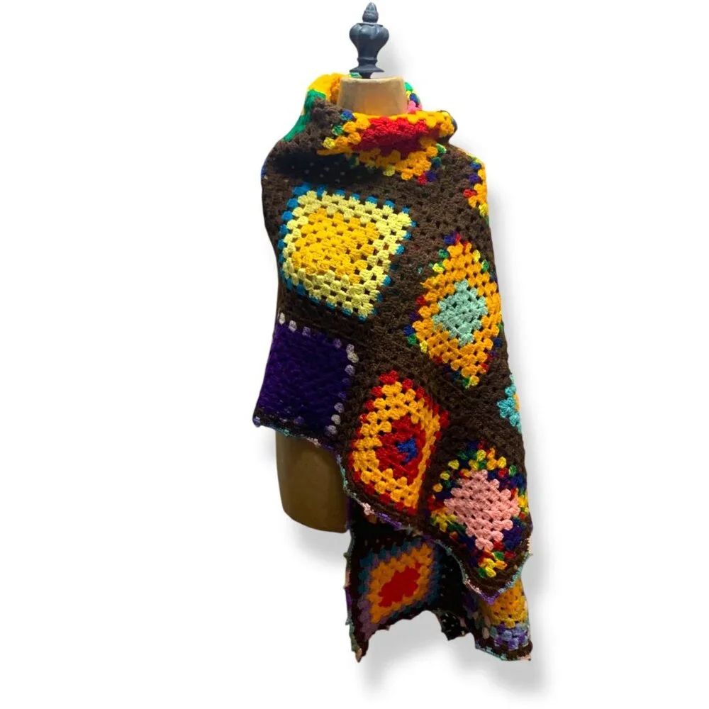 Handcrafted Colorful Crochet Granny Square Wrap Shawl Brown Base Boho Cottagecor